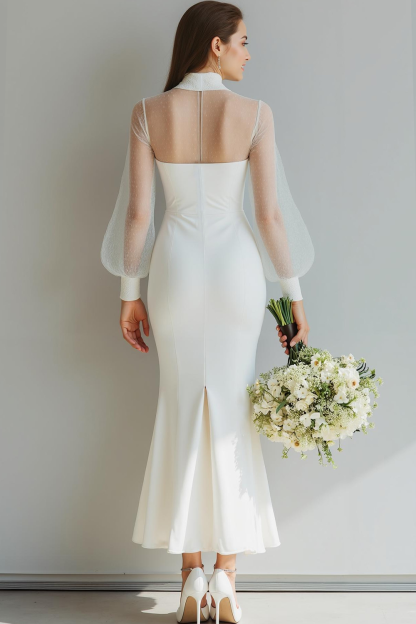 White Mermaid High Neck Maxi Wedding Reception Dress with Sleeves