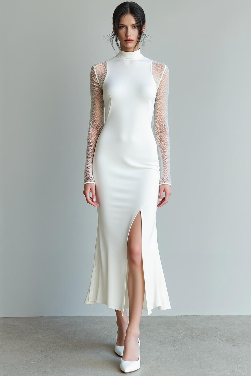 Leely Women White High Neck Long Engagement Dress with Sleeves Mermaid Chiffon Rehearsal Dinner Dress with Slit