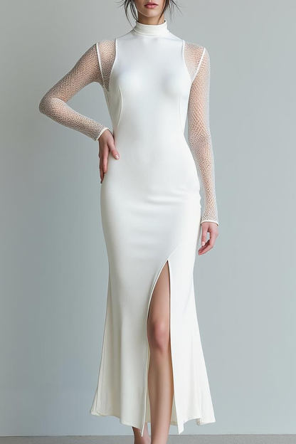 White High Neck Mermaid Chiffon Long Engagement Dress with Sleeves