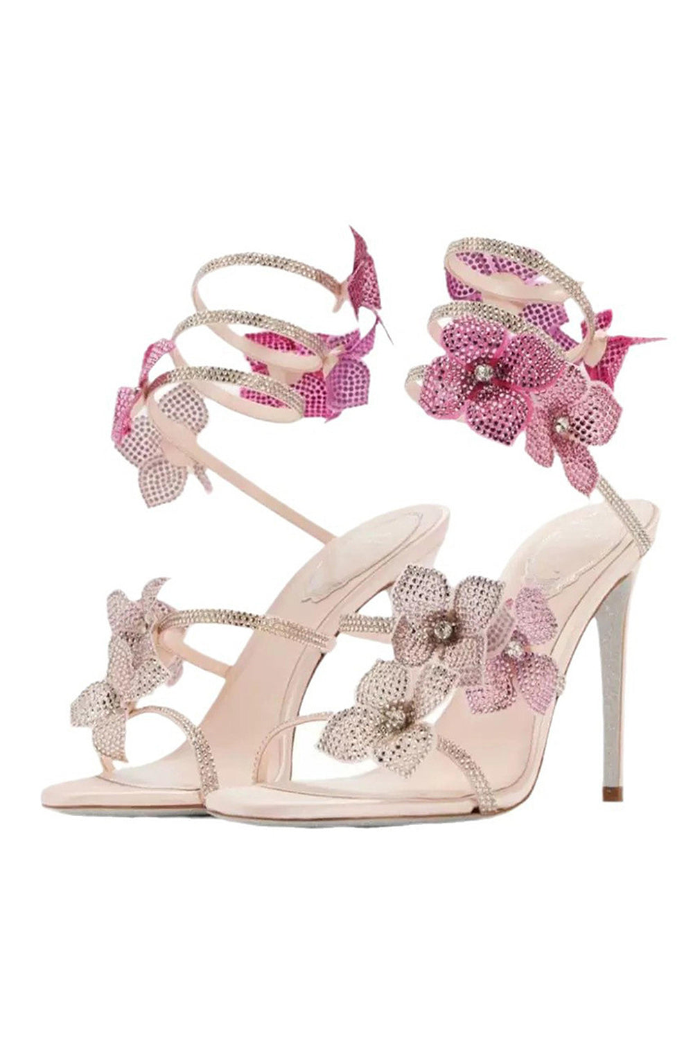 Glitter Beaded Pink Flowers Wrap Up Strappy Gladiator High Heeled Sandals