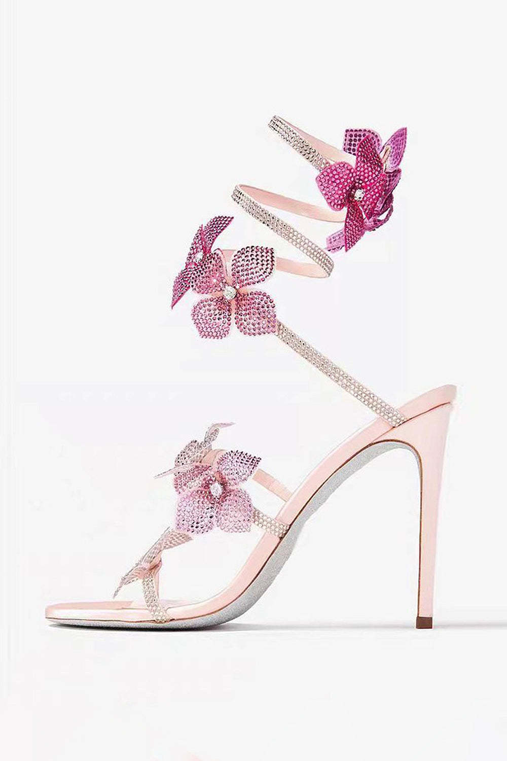 Glitter Beaded Pink Flowers Wrap Up Strappy Gladiator High Heeled Sandals