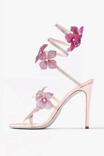 Glitter Beaded Pink Flowers Wrap Up Strappy Gladiator High Heeled Sandals