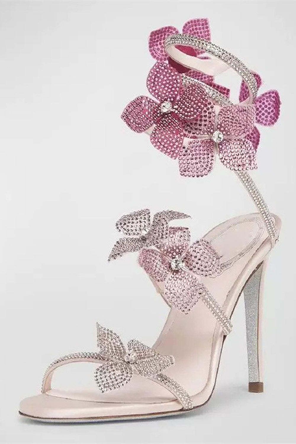 Glitter Beaded Pink Flowers Wrap Up Strappy Gladiator High Heeled Sandals