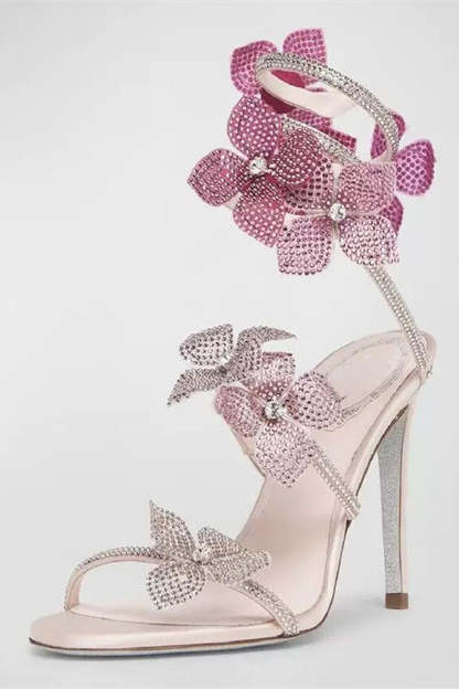 Glitter Beaded Pink Flowers Wrap Up Strappy Gladiator High Heeled Sandals