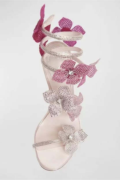 Glitter Beaded Pink Flowers Wrap Up Strappy Gladiator High Heeled Sandals
