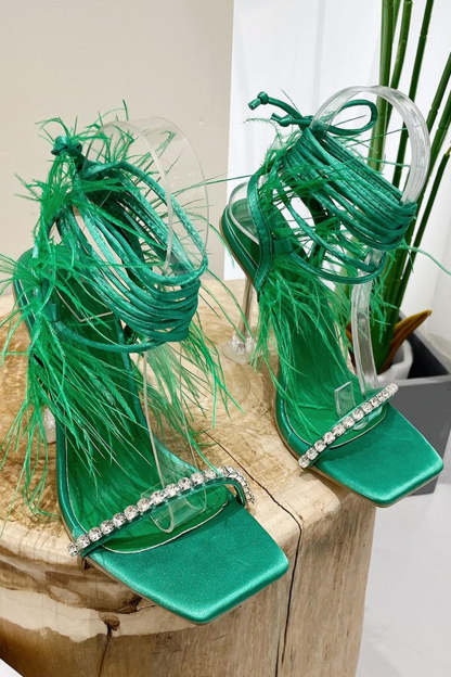 Fuchsia Stiletto High Heel Strappy Gladiator Sandals with Feather