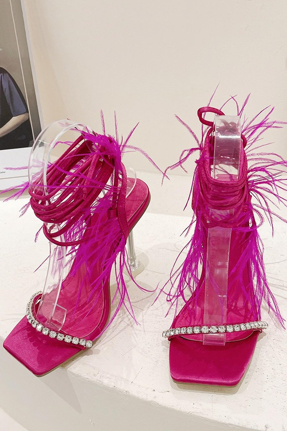 Fuchsia Stiletto High Heel Strappy Gladiator Sandals with Feather