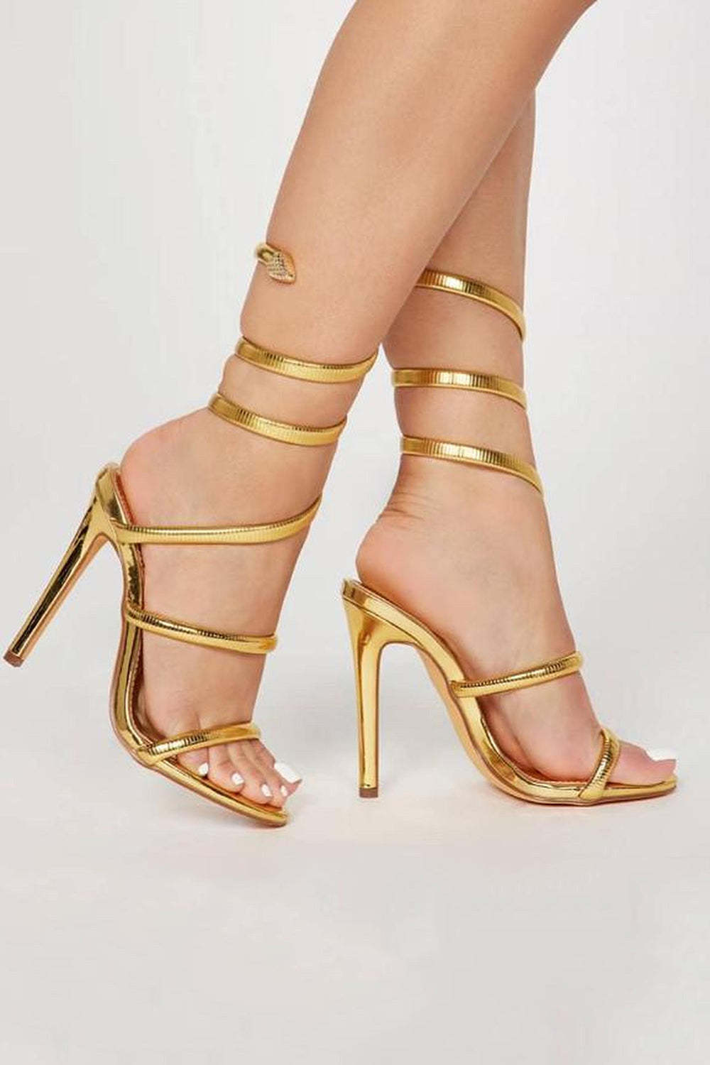 Leely Women Sparkly Golden Wrap Up High Heeled Strappy Gladiator Sandals for Party