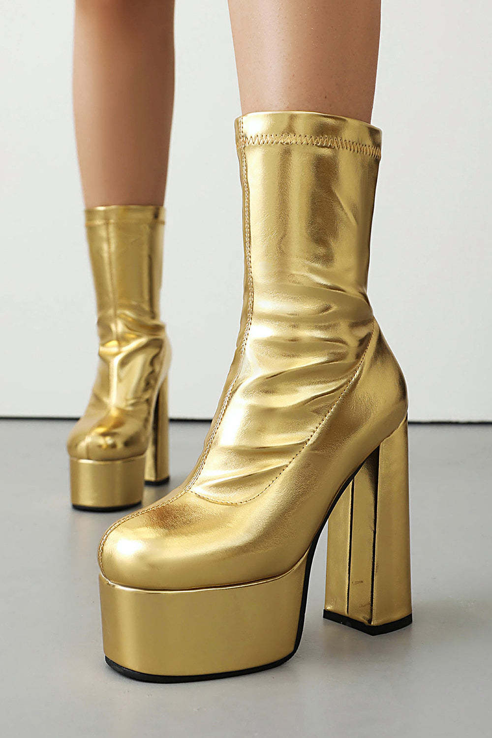 Golden Go Go Chunky Platform Round Toe Heeled Ankle Boots