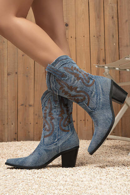Light Blue Wide Calf Embroidered Chunky Heel Western Cowgirl Boots