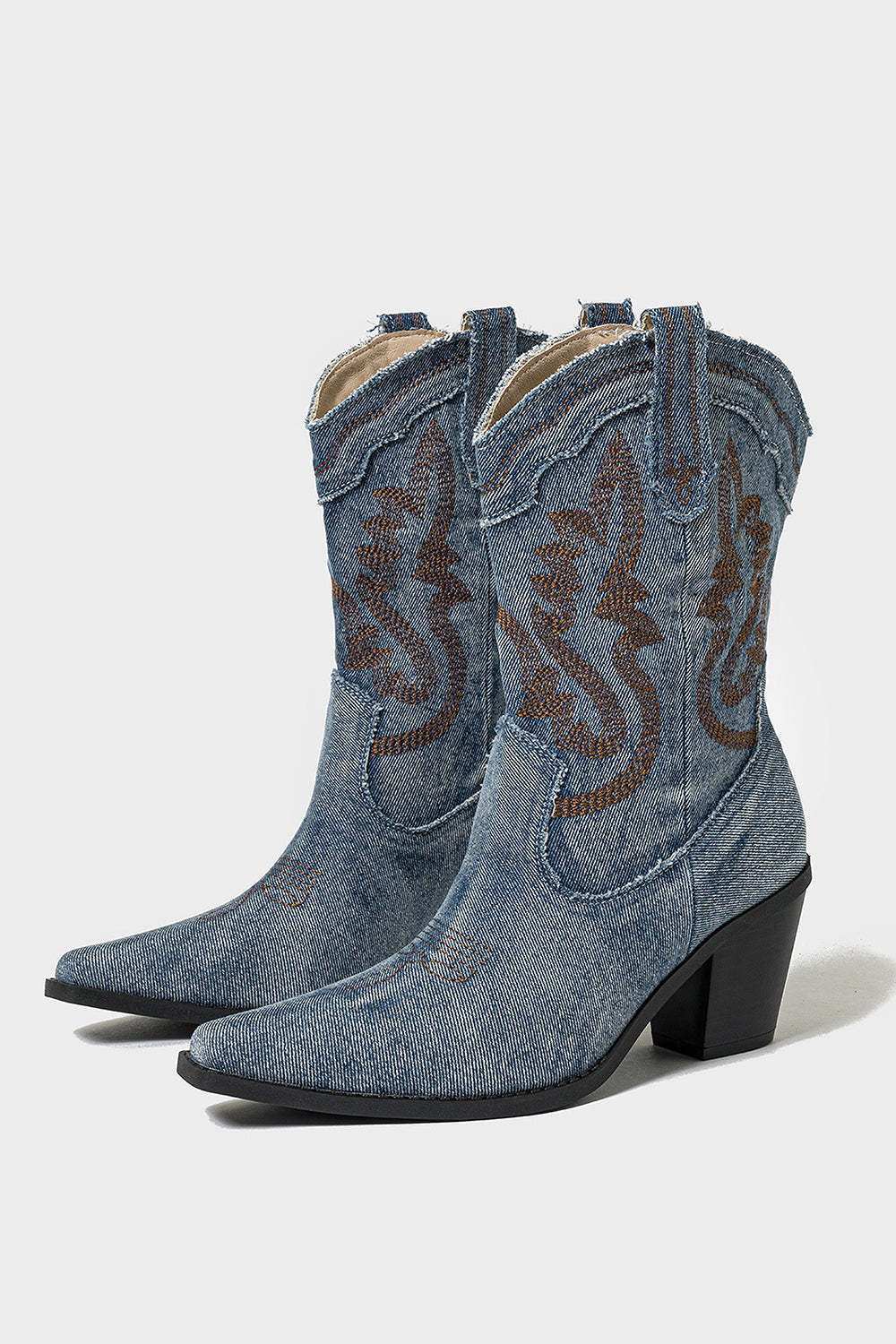 Light Blue Wide Calf Embroidered Chunky Heel Western Cowgirl Boots