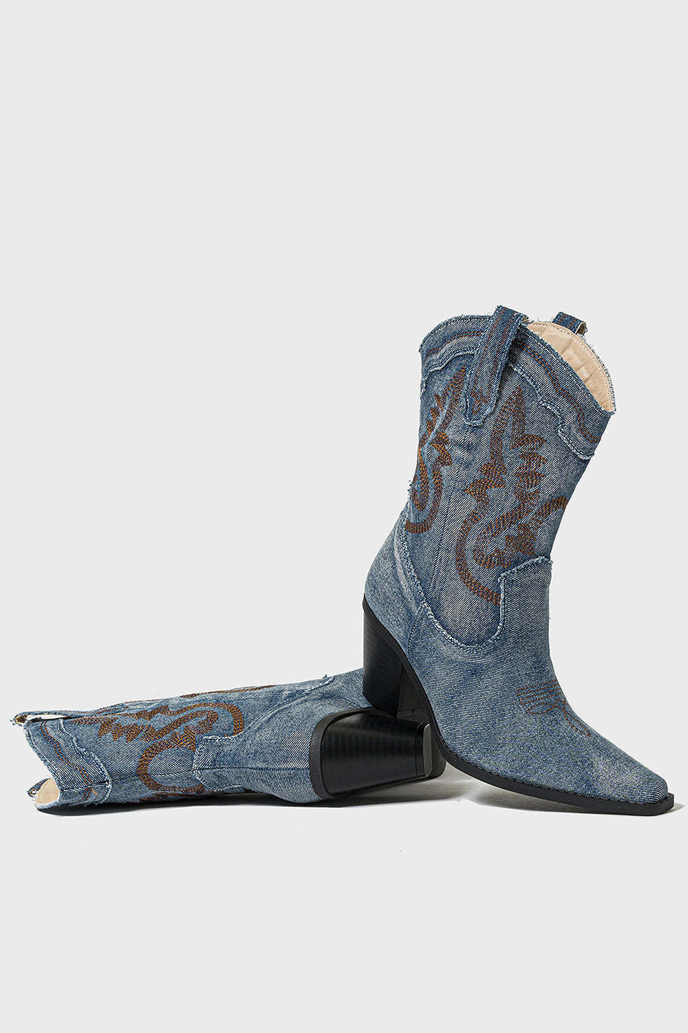 Light Blue Wide Calf Embroidered Chunky Heel Western Cowgirl Boots