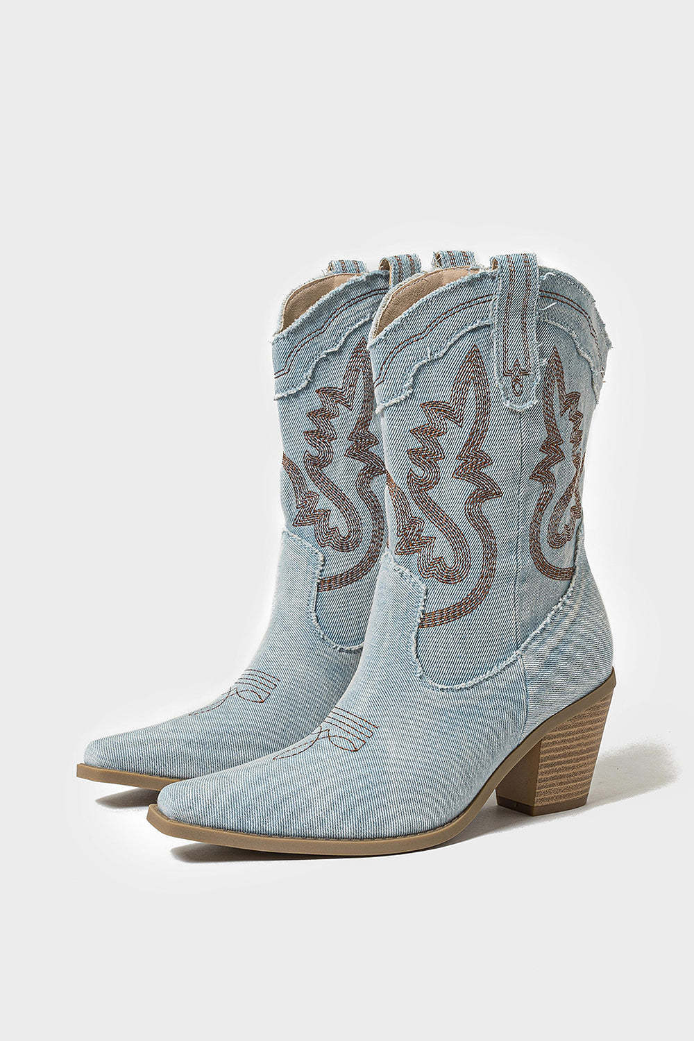 Light Blue Wide Calf Embroidered Chunky Heel Western Cowgirl Boots