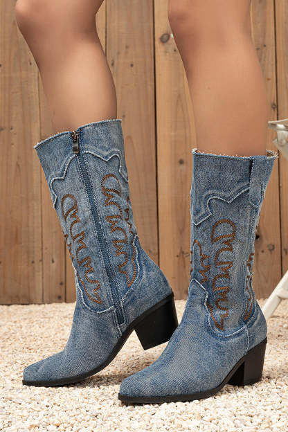 Dark Blue Mid Calf Embroidered Chunky Heel Cowgirl Boots