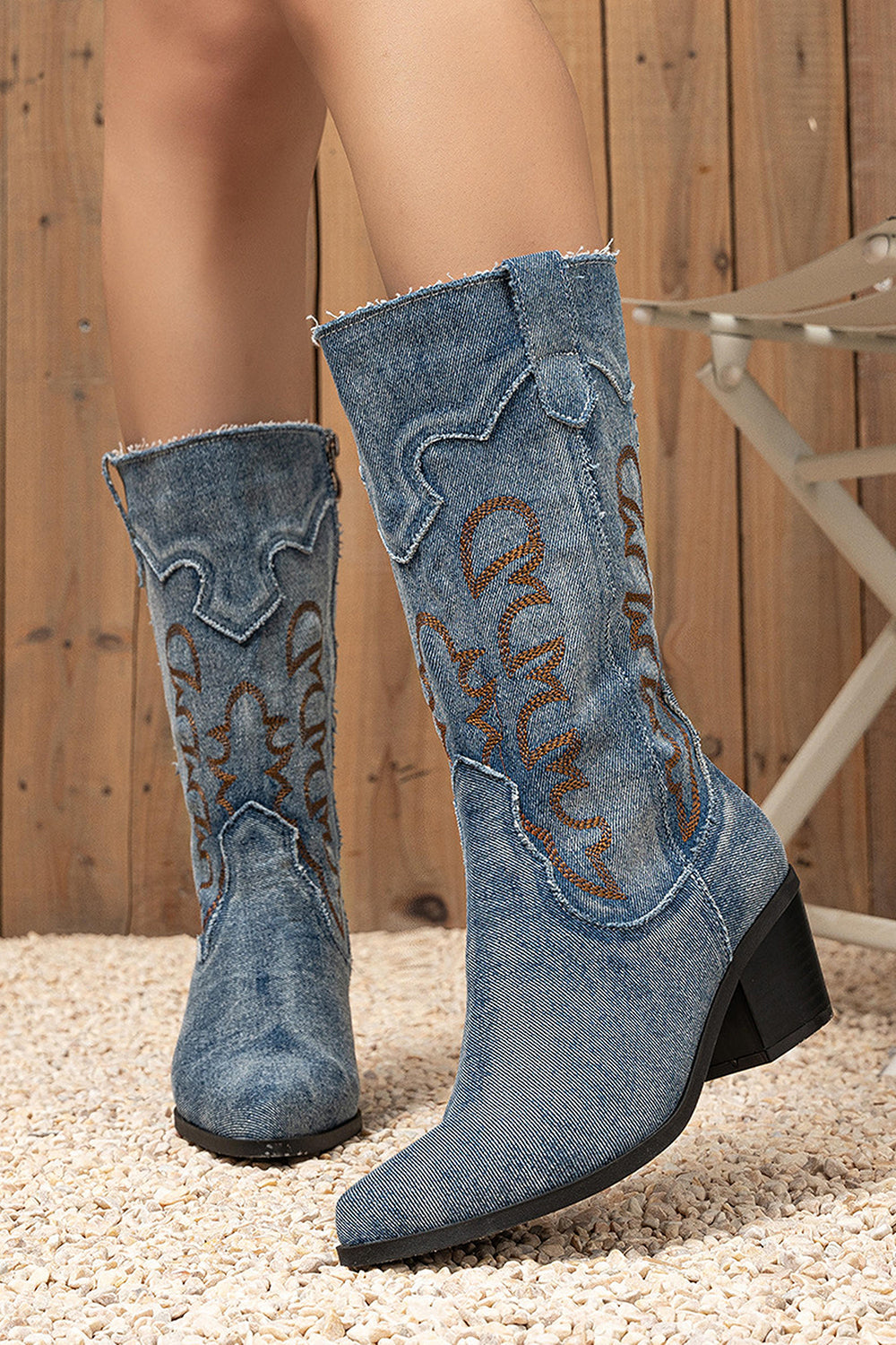 Dark Blue Mid Calf Embroidered Chunky Heel Cowgirl Boots