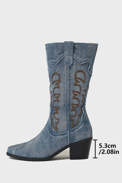 Dark Blue Mid Calf Embroidered Chunky Heel Cowgirl Boots