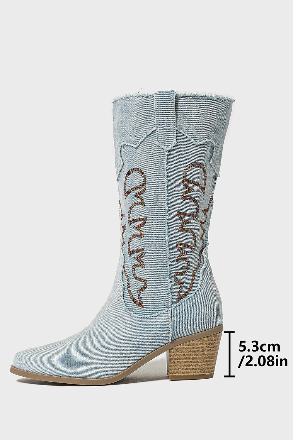 Dark Blue Mid Calf Embroidered Chunky Heel Cowgirl Boots