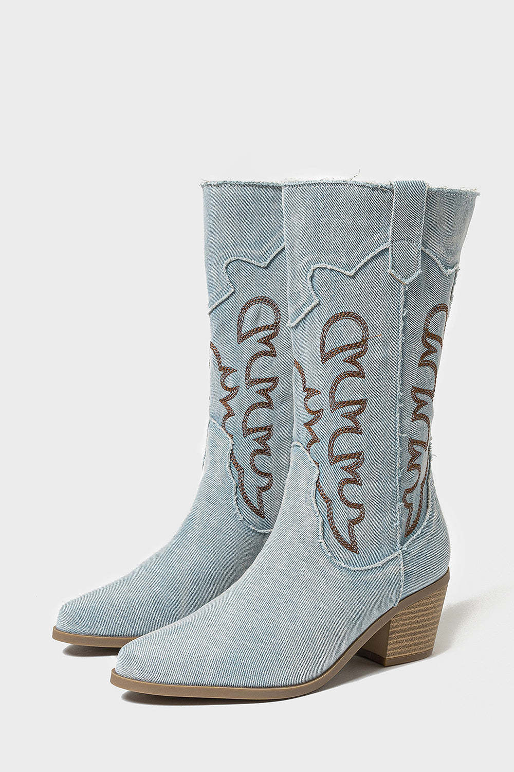 Dark Blue Mid Calf Embroidered Chunky Heel Cowgirl Boots