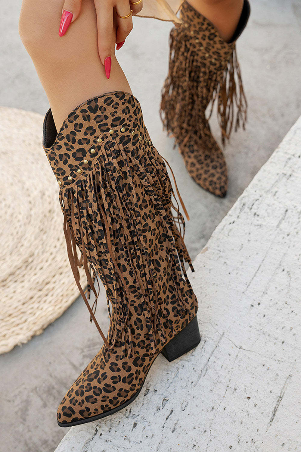Brown Mid Calf Leopard Chunky Heel Cowgirl Boots with Fringes