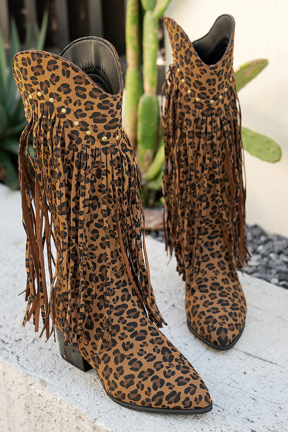 Brown Mid Calf Leopard Chunky Heel Cowgirl Boots with Fringes