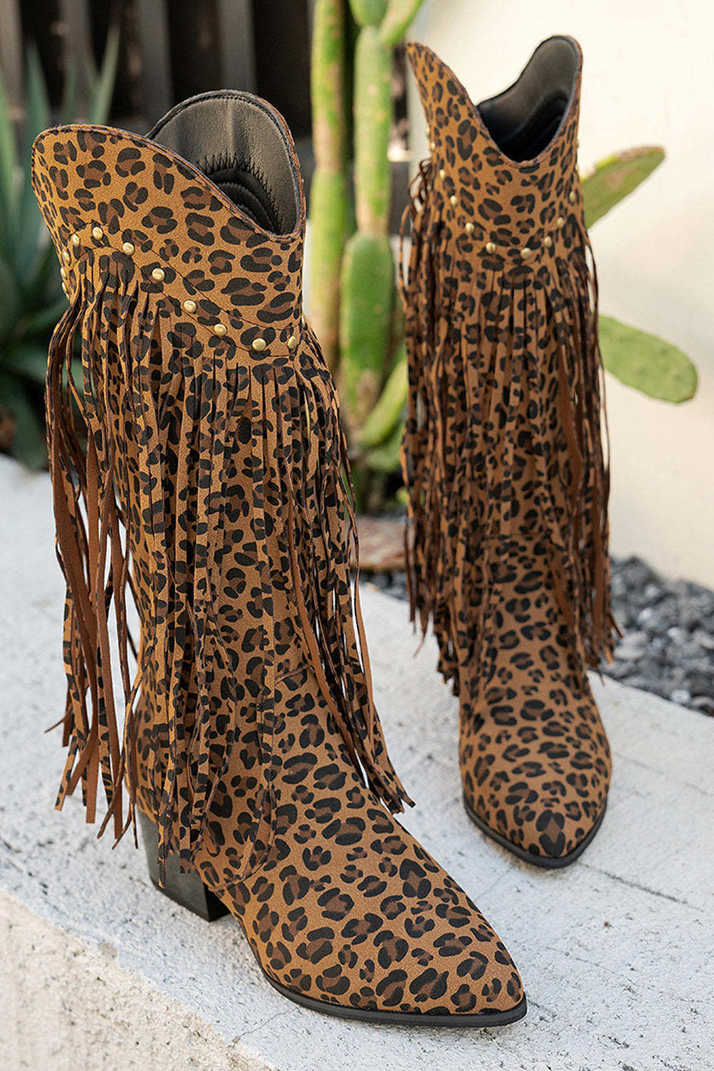 Brown Mid Calf Leopard Chunky Heel Cowgirl Boots with Fringes
