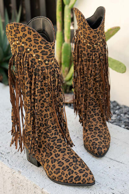 Brown Mid Calf Leopard Chunky Heel Cowgirl Boots with Fringes
