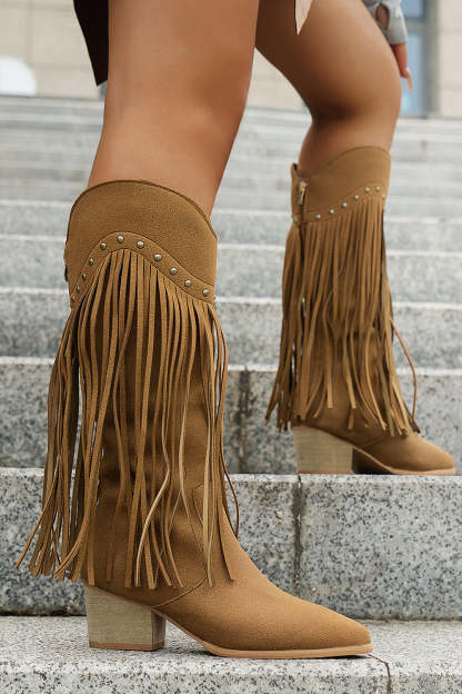 Brown Mid Calf Leopard Chunky Heel Cowgirl Boots with Fringes