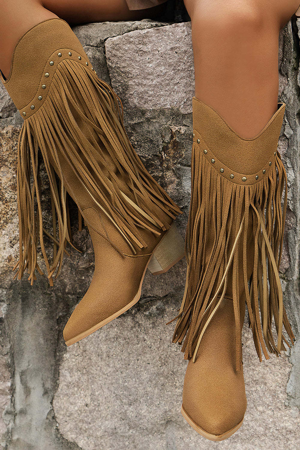 Brown Mid Calf Leopard Chunky Heel Cowgirl Boots with Fringes
