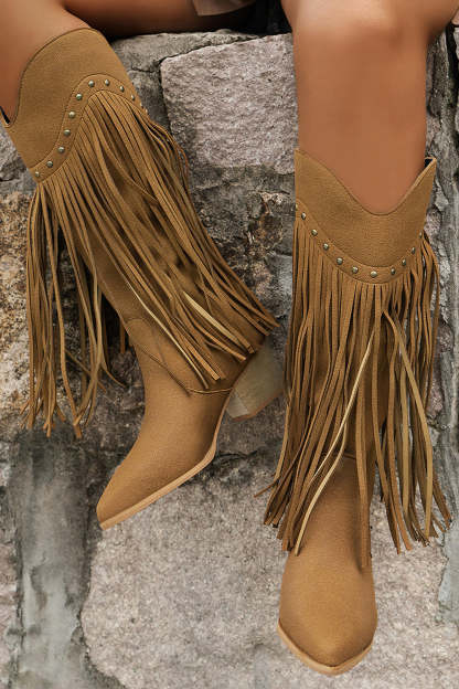 Brown Mid Calf Leopard Chunky Heel Cowgirl Boots with Fringes