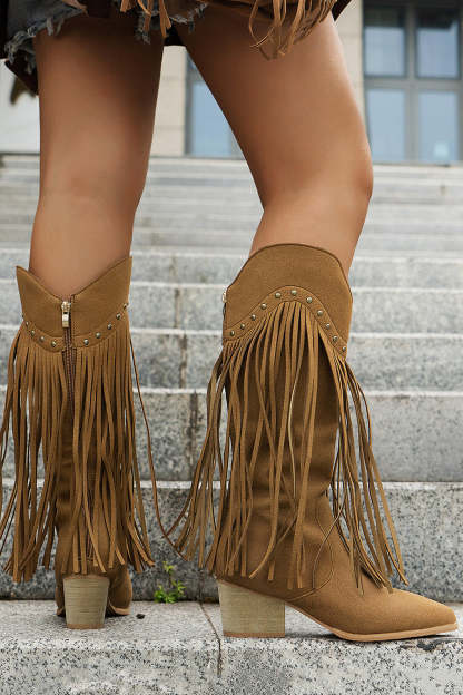 Brown Mid Calf Leopard Chunky Heel Cowgirl Boots with Fringes