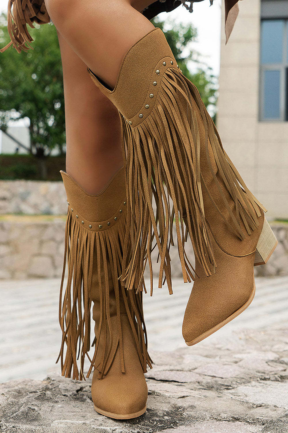 Brown Mid Calf Leopard Chunky Heel Cowgirl Boots with Fringes