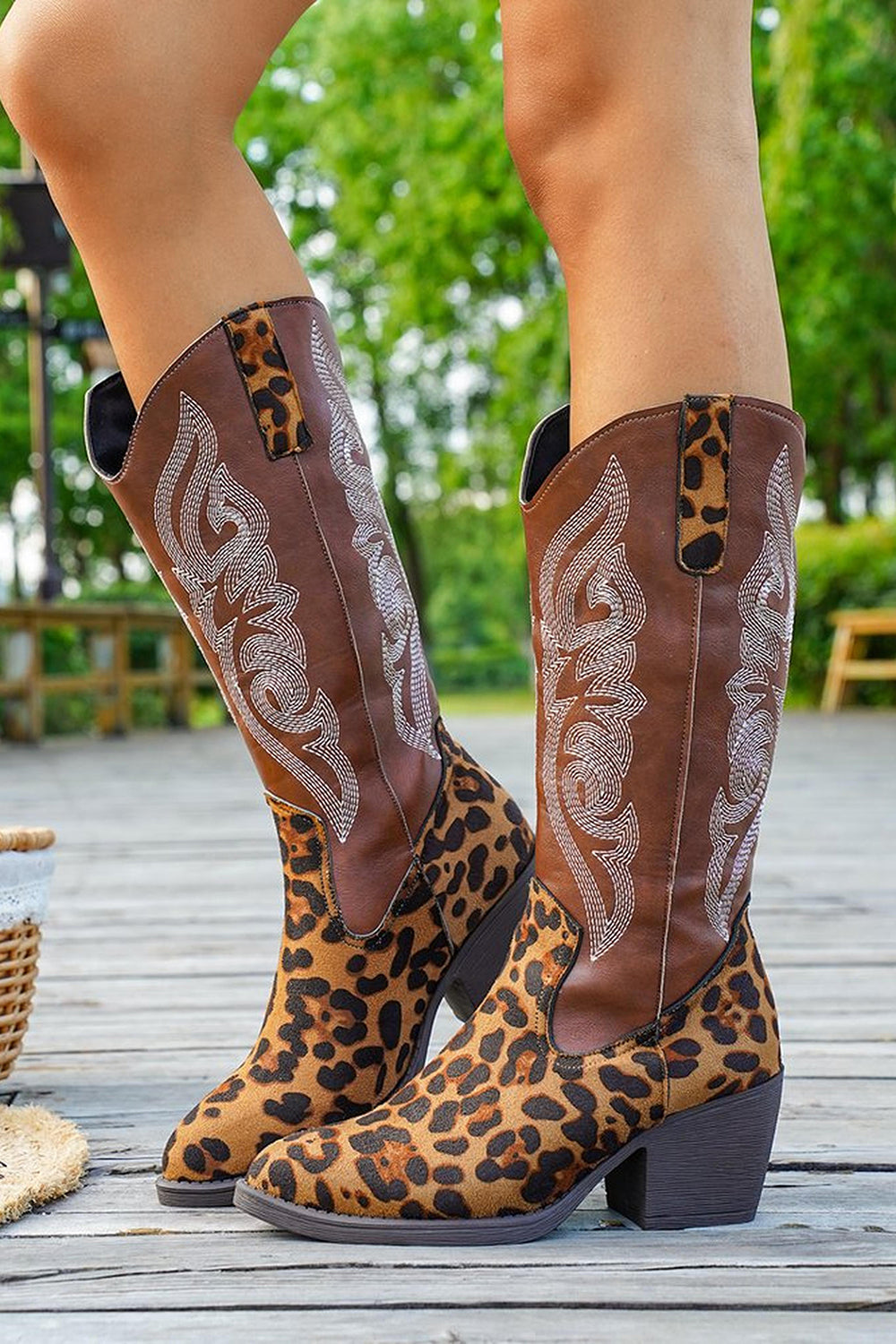 Brown Leopard Western Cowgirl Wide Calf Pointed Toe Chunky Heel Boots