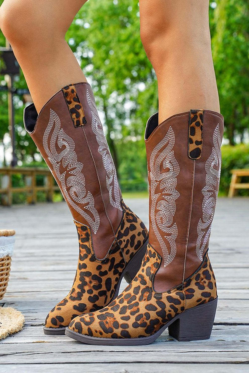 Leely Women Brown Leopard Western Cowgirl Wide Calf Pointed Toe Chunky Heel Boots