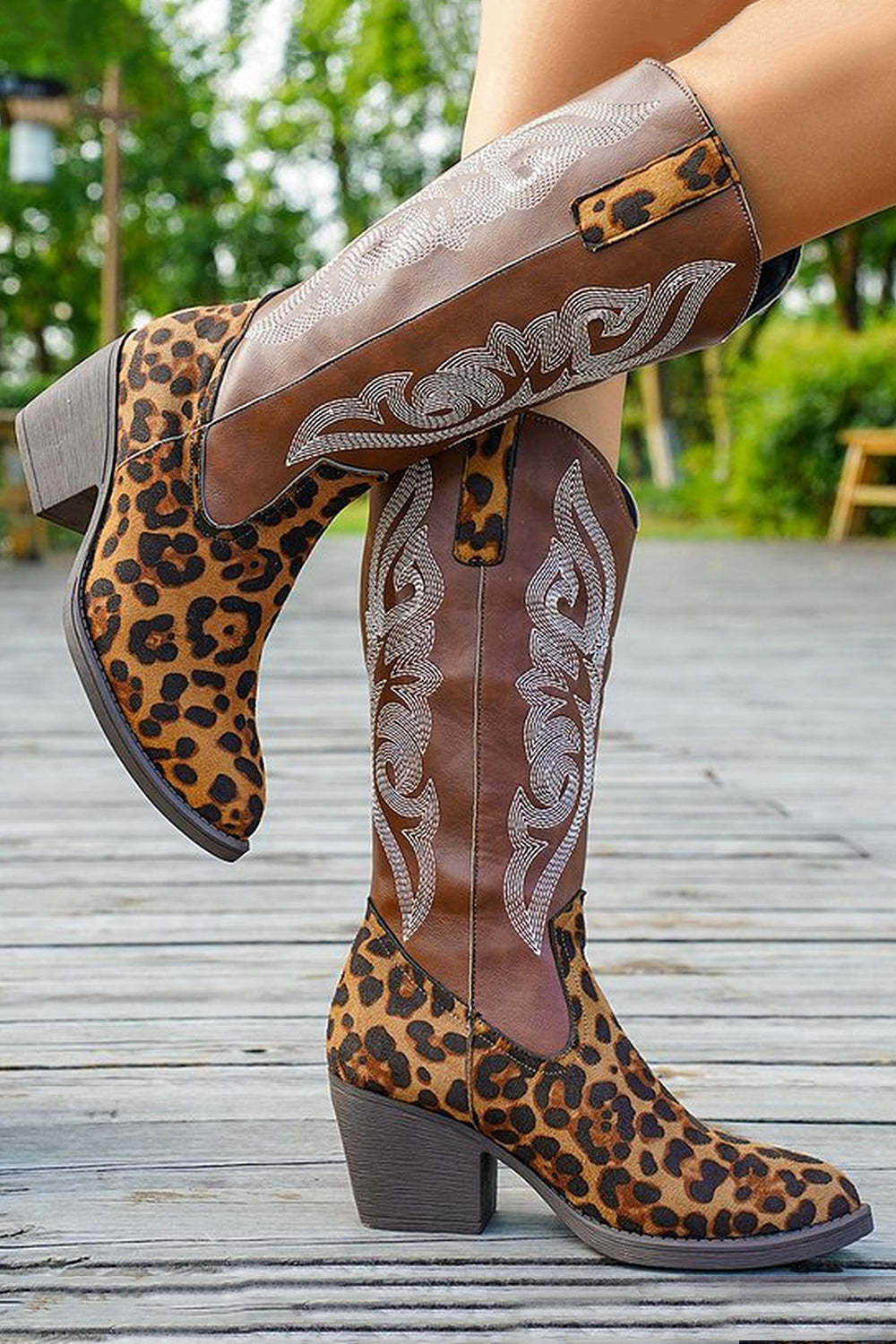 Brown Leopard Western Cowgirl Wide Calf Pointed Toe Chunky Heel Boots