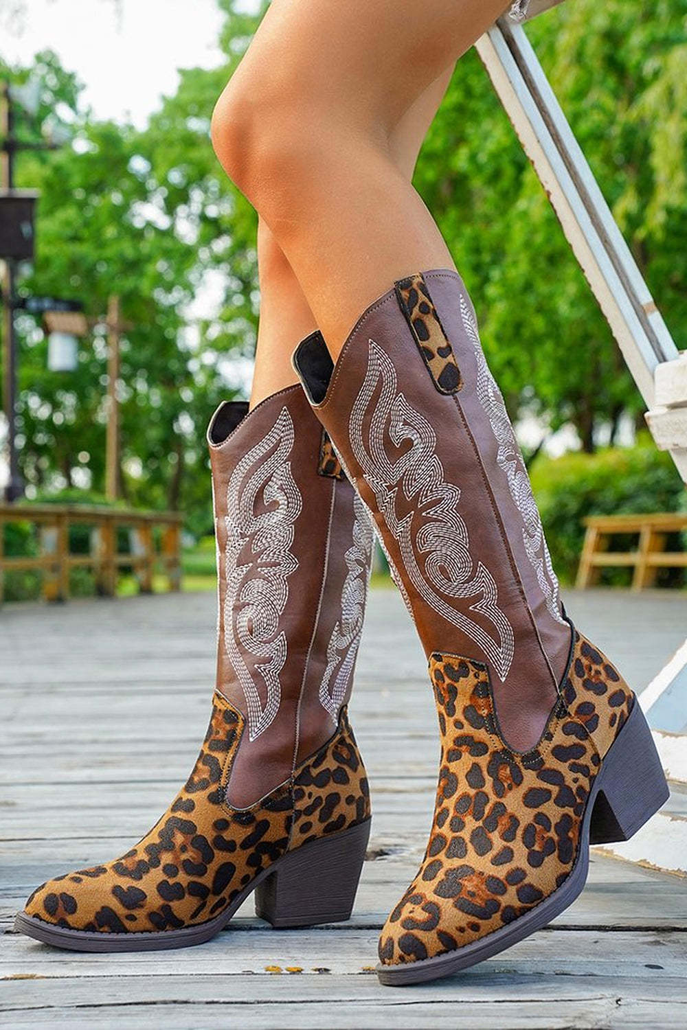 Brown Leopard Western Cowgirl Wide Calf Pointed Toe Chunky Heel Boots