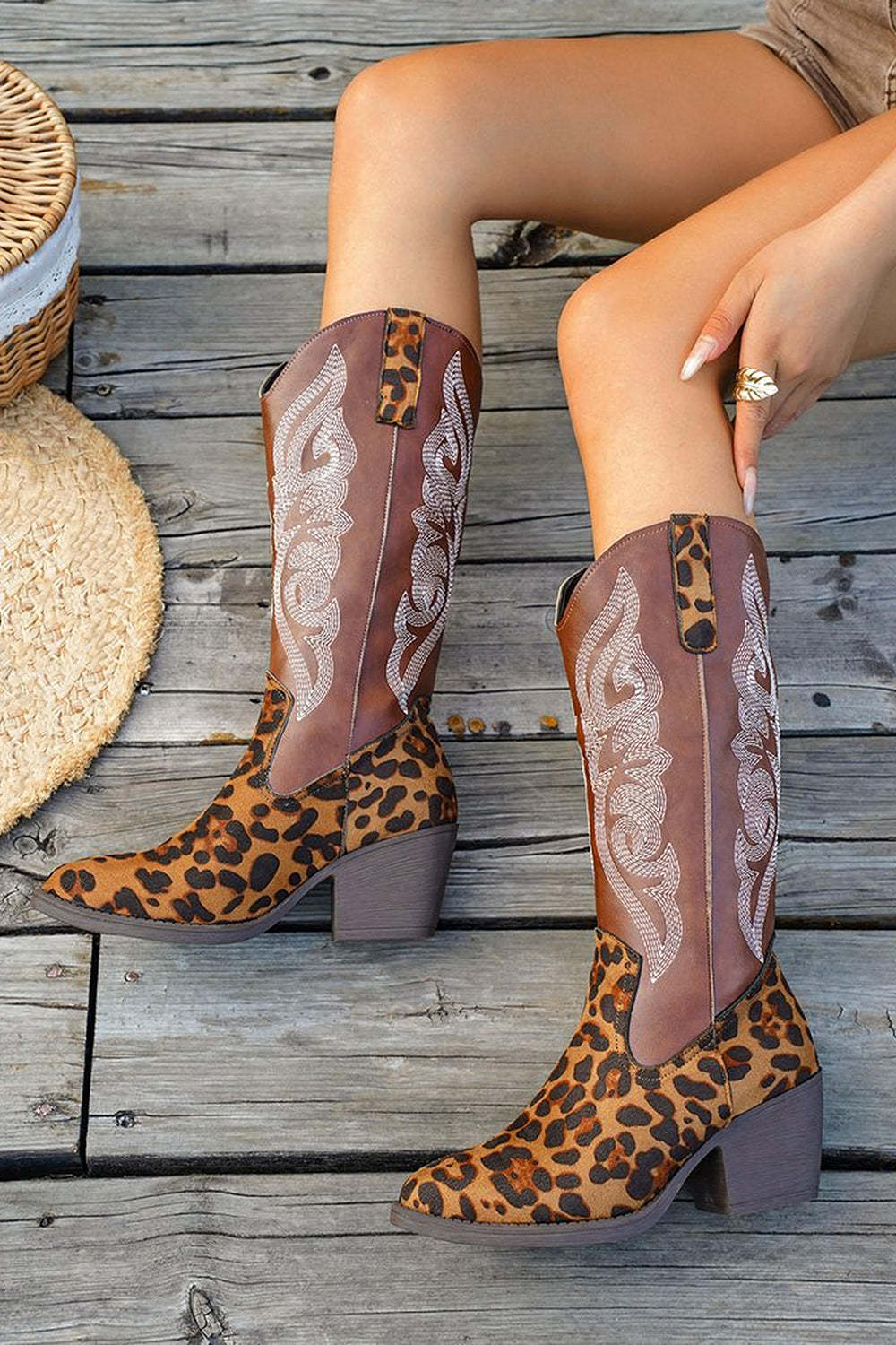 Brown Leopard Western Cowgirl Wide Calf Pointed Toe Chunky Heel Boots