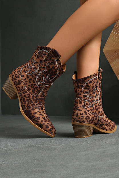 Brown Leopard Cowgirl Wide Calf Pointed Toe Chunky Heel Ankle Boots