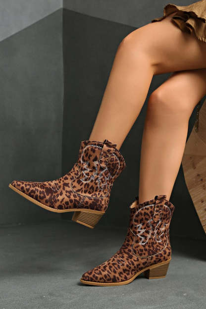 Brown Leopard Cowgirl Wide Calf Pointed Toe Chunky Heel Ankle Boots