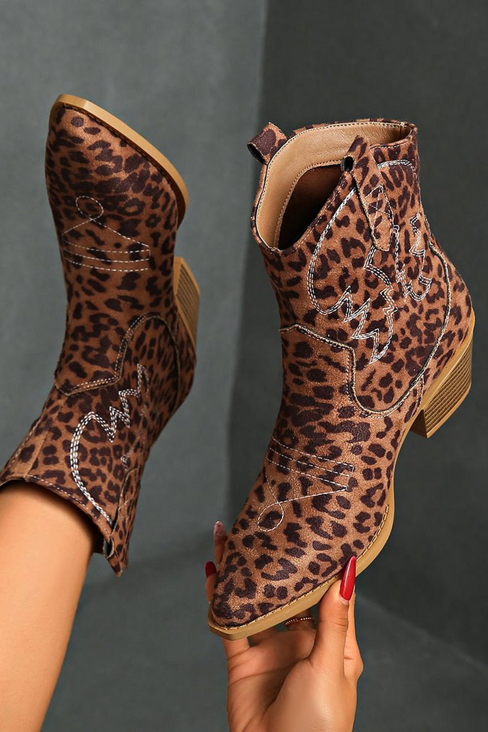 Brown Leopard Cowgirl Wide Calf Pointed Toe Chunky Heel Ankle Boots