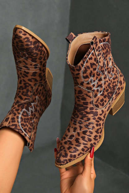 Brown Leopard Cowgirl Wide Calf Pointed Toe Chunky Heel Ankle Boots