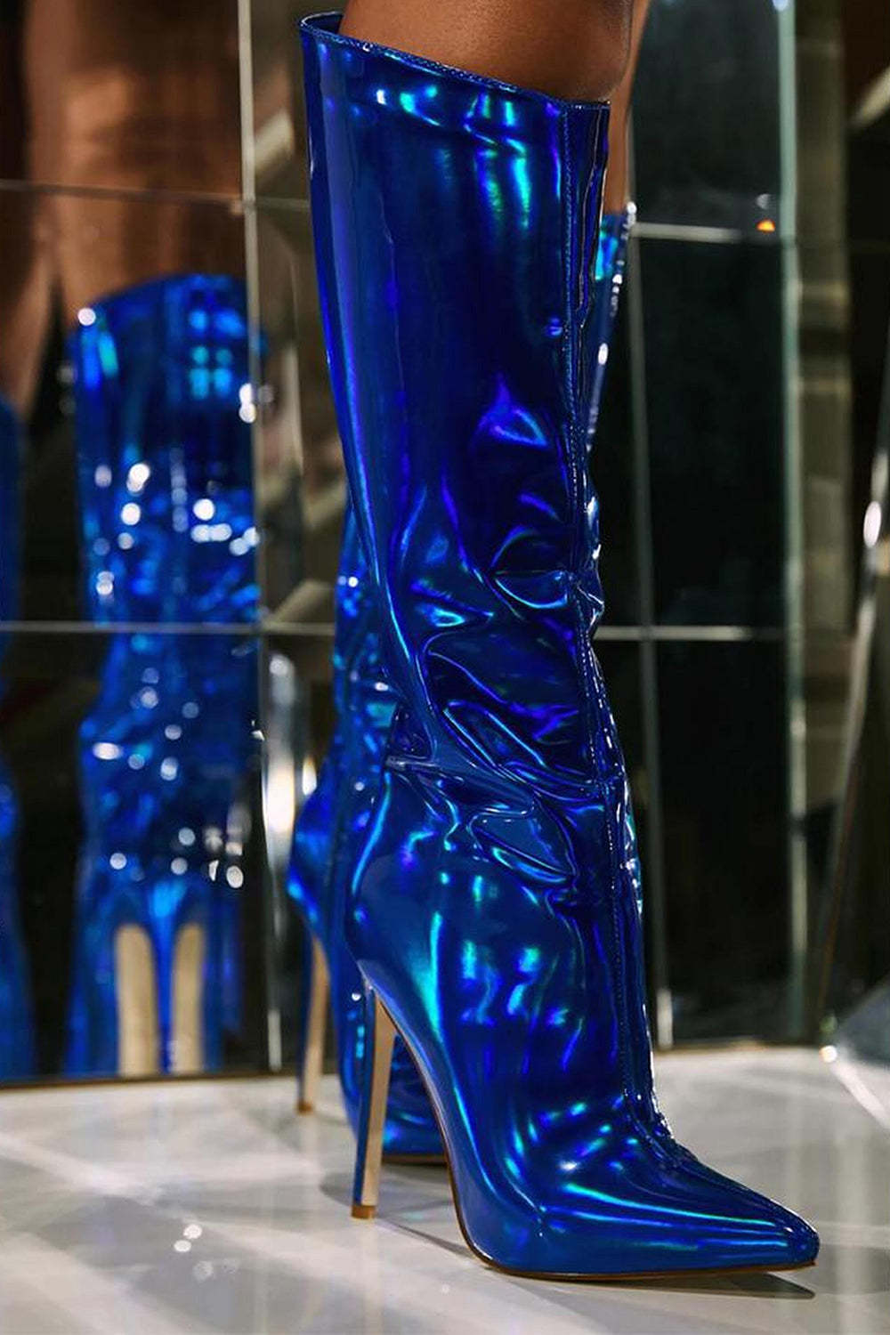 Leely Women Sparkly Royal Blue Knee High Stiletto High Heel Boots For Party