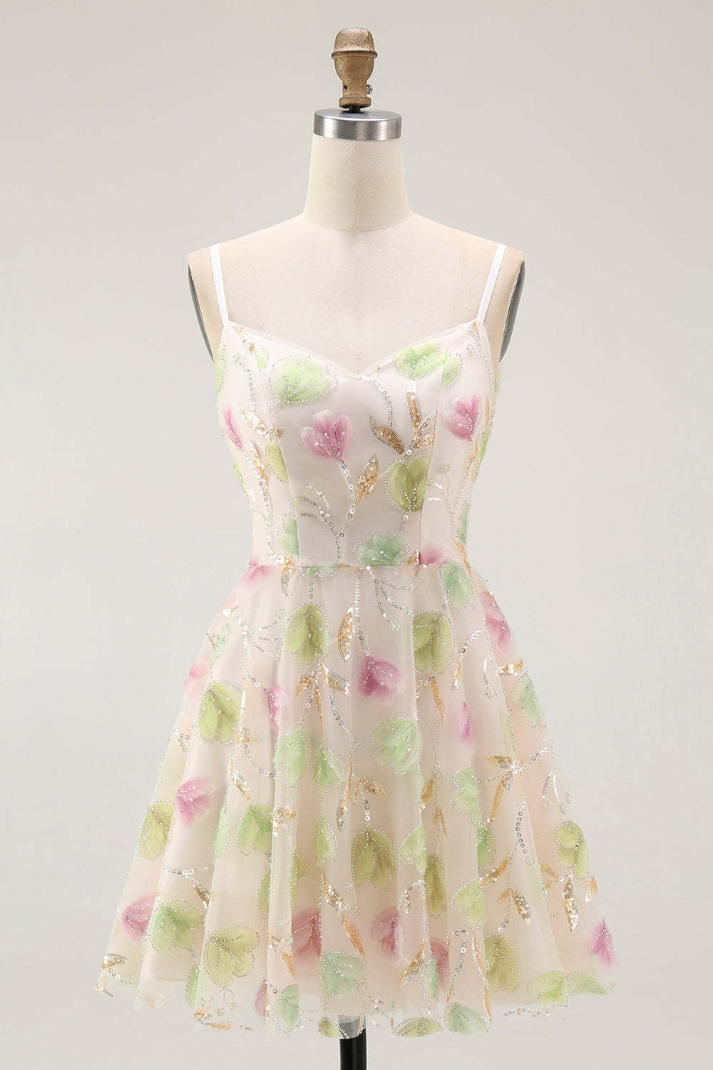 Leely Women Sparkly Apricot Floral Short Homecoming Dress with Sequins A Line Spaghetti Straps Party Dress