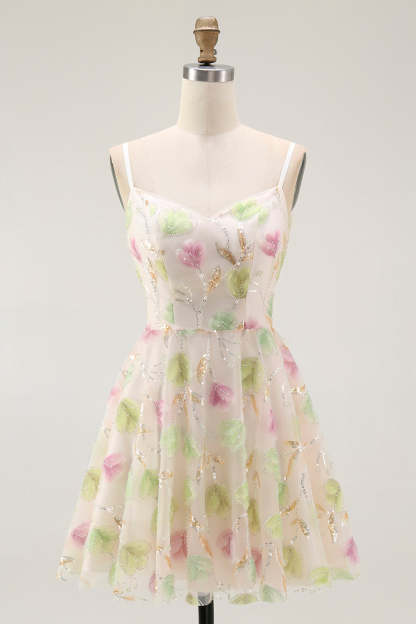 Leely Women Sparkly Apricot Floral Short Homecoming Dress with Sequins A Line Spaghetti Straps Party Dress