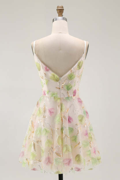 Sparkly Apricot A Line Short Floral Homecoming Dress with Sequins