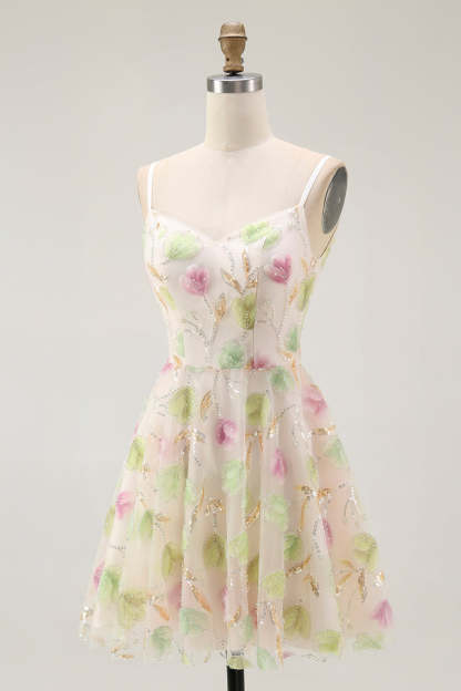 Sparkly Apricot A Line Short Floral Homecoming Dress with Sequins