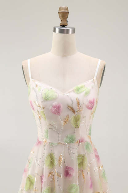 Sparkly Apricot A Line Short Floral Homecoming Dress with Sequins