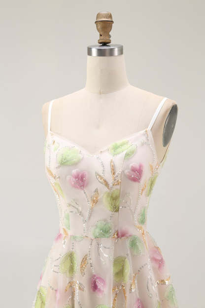 Sparkly Apricot A Line Short Floral Homecoming Dress with Sequins