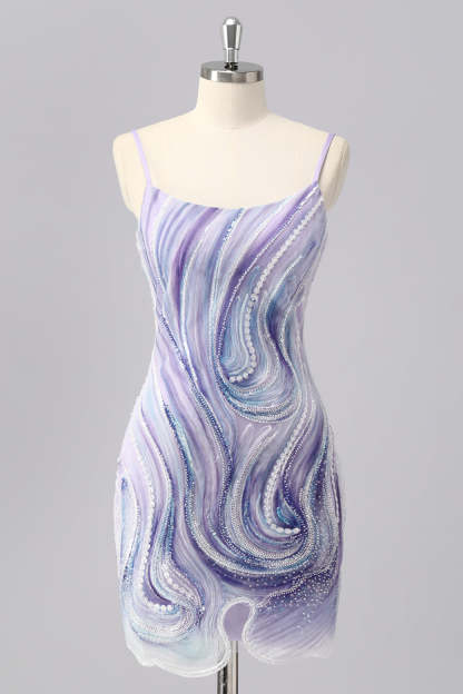 Leely Women Sparkly Lilac Short Tight Homecoming Dress with Beading Spaghetti Straps Cocktail Dress