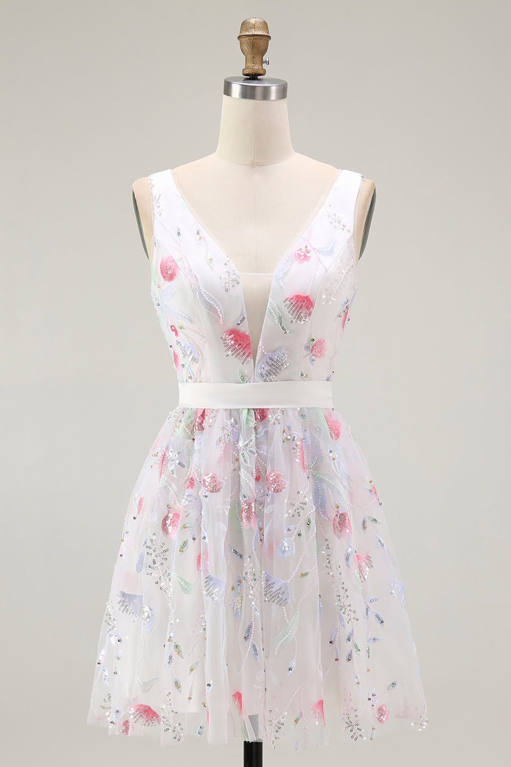 Leely Women Sparkly White Floral Short Homecoming Dress with Sequins V-Neck A Line Party Dress