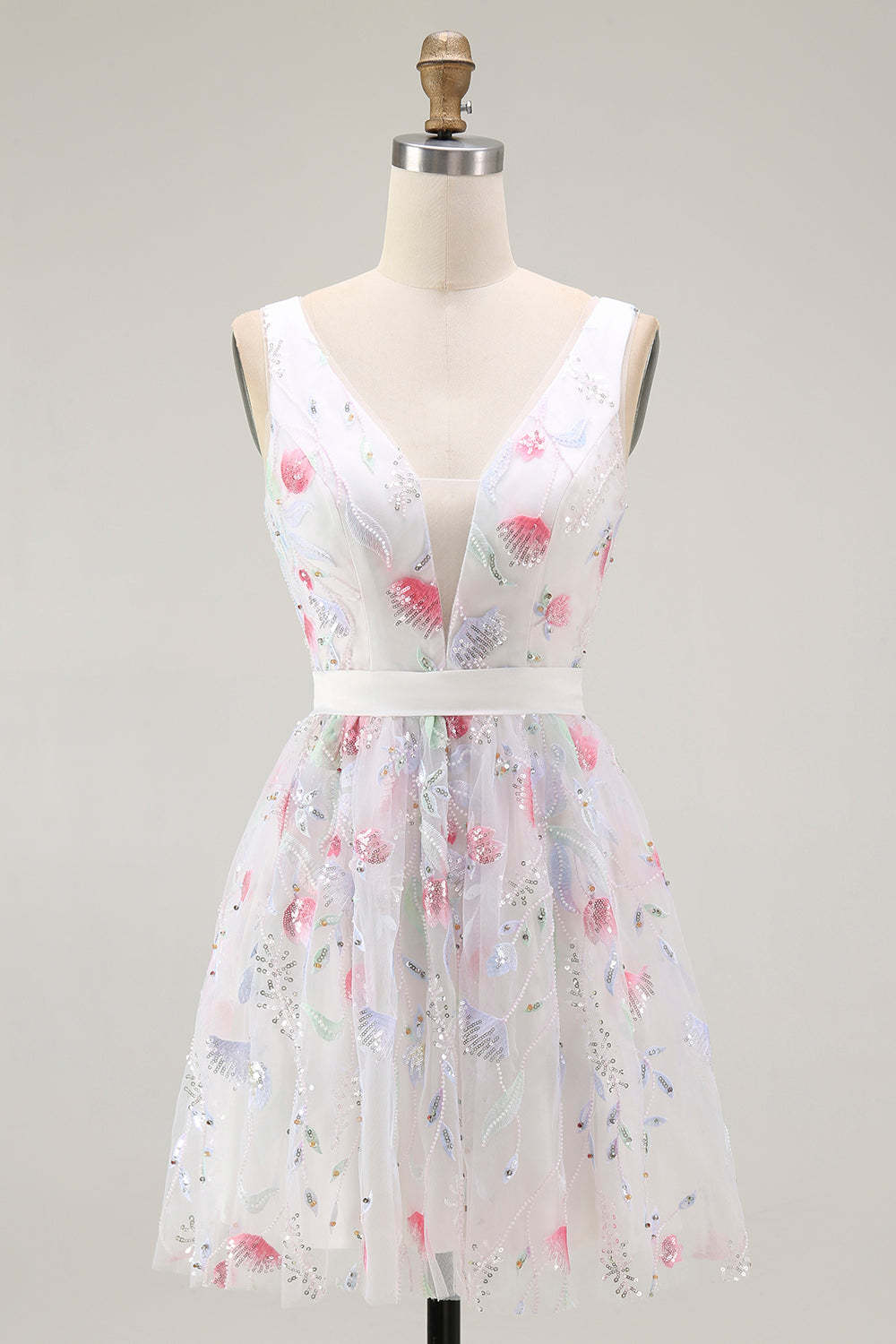 Leely Women Sparkly White Floral Short Homecoming Dress with Sequins V-Neck A Line Party Dress